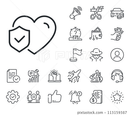Health coverage sign. Salaryman, gender equality and alert bell outline icons. Life insurance line icon. Protection policy symbol. Life insurance line sign. Spy or profile placeholder icon. Vector 113159387