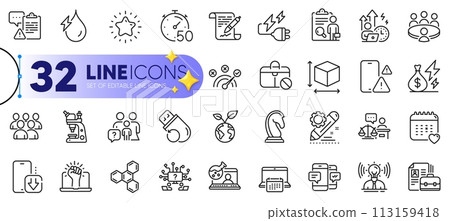 Outline set of Inspect, Timer and Calendar line icons for web with Jobless, Meeting, Hydroelectricity thin icon. Healthcare calendar, Difficult stress, Project edit pictogram icon. Vector 113159418