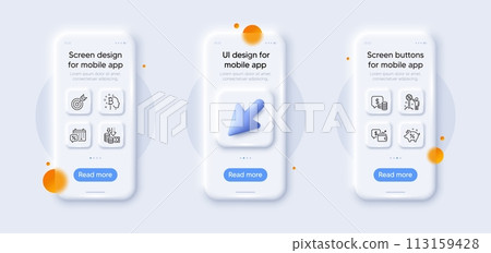 Target, Bitcoin think and Wallet line icons pack. 3d phone mockups with cursor. Glass smartphone screen. Discount, Coins, Discounts calendar web icon. Loan percent, Deflation pictogram. Vector 113159428
