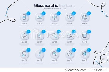 Set of Unlock system, Vitamin k and Stock analysis line icons for web app. Click here, Signature, Cpu processor icons. Electric energy, Qr code, Search employees signs. Timer. Vector 113159436