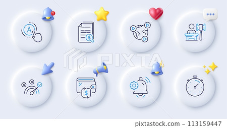 Timer, Financial documents and Video conference line icons. Buttons with 3d bell, chat speech, cursor. Pack of Wallet, Correct answer, Auction icon. Notification bell, Ab testing pictogram. Vector Timer, Financial documents and Video conference line icons. Buttons with 3d bell, chat speech, cursor. Pack of Wallet, Correct answer, Auction icon. Notification bell, Ab testing pictogram. Vector 113159447