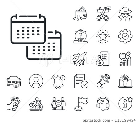 Annual planner sign. Salaryman, gender equality and alert bell outline icons. Calendar line icon. Change event schedule symbol. Calendar line sign. Spy or profile placeholder icon. Vector Annual planner sign. Salaryman, gender equality and alert bell outline icons. Calendar line icon. Change event schedule symbol. Calendar line sign. Spy or profile placeholder icon. Vector 113159454