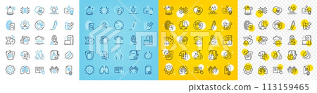 Vector icons set of Vaccine announcement, Documents and Do not touch line icons pack for web with Reminder, Capsule pill, Bitcoin system outline icon. Read instruction, Waterproof. Vector 113159465