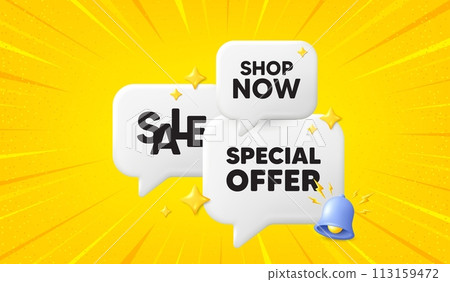 Special offer tag. 3d offer chat speech bubbles. Sale sign. Advertising Discounts symbol. Special offer speech bubble 3d message. Talk box banner with bell. Vector 113159472