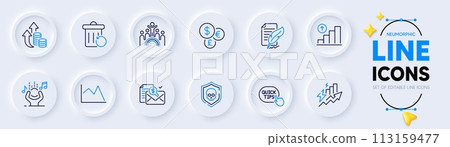 Feather signature, Inflation and Noise line icons for web app. Pack of Money currency, Accounting report, Consumption growth pictogram icons. Cyber attack, Line chart, Graph chart signs. Vector 113159477