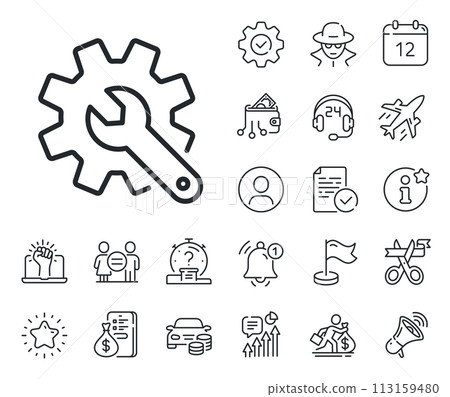 Settings or editing sign. Salaryman, gender equality and alert bell outline icons. Customisation line icon. Repair symbol. Customisation line sign. Spy or profile placeholder icon. Vector Settings or editing sign. Salaryman, gender equality and alert bell outline icons. Customisation line icon. Repair symbol. Customisation line sign. Spy or profile placeholder icon. Vector 113159480