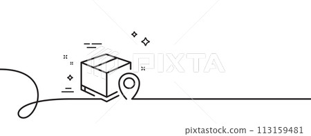 Parcel tracking line icon. Continuous one line with curl. Delivery monitoring sign. Shipping box location symbol. Parcel tracking single outline ribbon. Loop curve pattern. Vector Parcel tracking line icon. Continuous one line with curl. Delivery monitoring sign. Shipping box location symbol. Parcel tracking single outline ribbon. Loop curve pattern. Vector 113159481