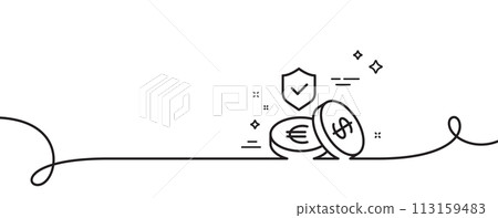 Savings insurance line icon. Continuous one line with curl. Risk coverage sign. Money protection symbol. Savings insurance single outline ribbon. Loop curve pattern. Vector Savings insurance line icon. Continuous one line with curl. Risk coverage sign. Money protection symbol. Savings insurance single outline ribbon. Loop curve pattern. Vector 113159483