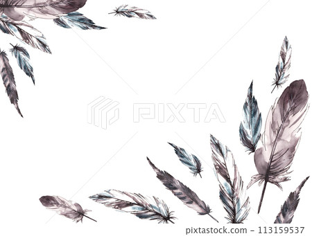 Watercolor hand drawn monochrome banner frame. Bird grey gray black feathers with graphic ink line Real wings card template illustration. Clipart for invitation wedding print Isolated white background 113159537