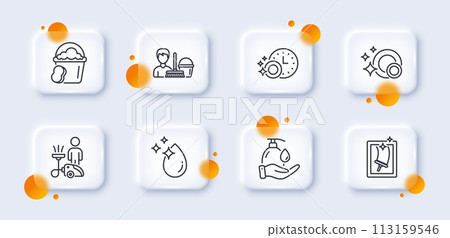 Cleaning, Water drop and Dishwasher timer line icons pack. 3d glass buttons with blurred circles. Window cleaning, Wash hands, Sponge web icon. Clean dishes pictogram. For web app, printing. Vector 113159546