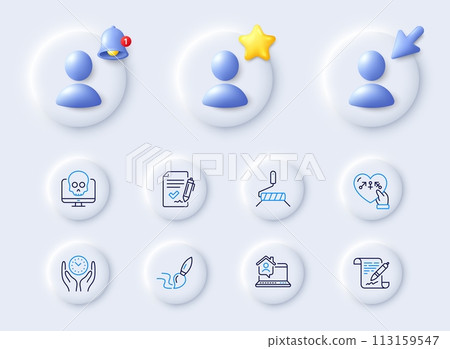 Safe time, Approved agreement and Cyber attack line icons. Placeholder with 3d cursor, bell, star. Pack of Work home, Brush, Agreement document icon. Genders, Paint roller pictogram. Vector Safe time, Approved agreement and Cyber attack line icons. Placeholder with 3d cursor, bell, star. Pack of Work home, Brush, Agreement document icon. Genders, Paint roller pictogram. Vector 113159547