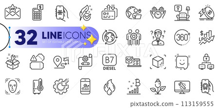 Outline set of Support consultant, Lock and Air conditioning line icons for web with Award app, Seo gear, Energy price thin icon. Hypoallergenic tested, Eco power. Design with yellow 3d stars. Vector 113159555