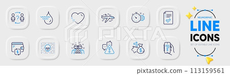 Hydroelectricity, Approved checklist and Loan line icons for web app. Pack of Heart, Warning, Cyber attack pictogram icons. Cogwheel timer, Help app, Airplane signs. Wallet. Neumorphic buttons. Vector 113159561
