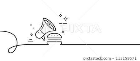 Burger line icon. Continuous one line with curl. Fastfood offer sign. Cheeseburger promotion symbol. Burger single outline ribbon. Loop curve pattern. Vector Burger line icon. Continuous one line with curl. Fastfood offer sign. Cheeseburger promotion symbol. Burger single outline ribbon. Loop curve pattern. Vector 113159571