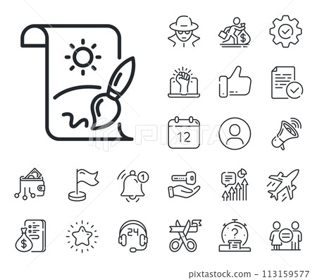 Creativity sign. Salaryman, gender equality and alert bell outline icons. Creative painting brush line icon. Graphic art symbol. Creative painting line sign. Spy or profile placeholder icon. Vector 113159577