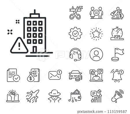 Attention triangle sign. Salaryman, gender equality and alert bell outline icons. Building construction warning line icon. Caution house symbol. Building warning line sign. Vector Attention triangle sign. Salaryman, gender equality and alert bell outline icons. Building construction warning line icon. Caution house symbol. Building warning line sign. Vector 113159587