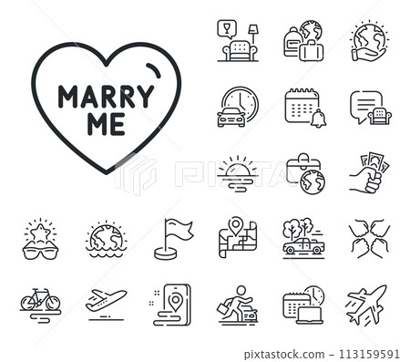 Sweet heart sign. Plane jet, travel map and baggage claim outline icons. Marry me line icon. Wedding love symbol. Marry me line sign. Car rental, taxi transport icon. Place location. Vector 113159591