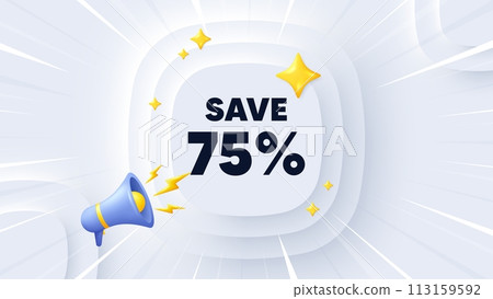 Save 75 percent off tag. Neumorphic banner with sunburst. Sale Discount offer price sign. Special offer symbol. Discount message. Banner with 3d megaphone. Circular neumorphic template. Vector Save 75 percent off tag. Neumorphic banner with sunburst. Sale Discount offer price sign. Special offer symbol. Discount message. Banner with 3d megaphone. Circular neumorphic template. Vector 113159592