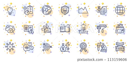 Outline set of Winner ribbon, Instruction manual and Co2 line icons for web app. Include Voicemail, Line chart, Ethics pictogram icons. Electricity price, Accounting wealth, Cyber attack signs. Vector 113159606