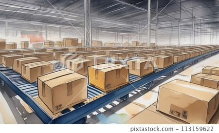 cardboard boxes are moved through an industrial conveyor system 113159622