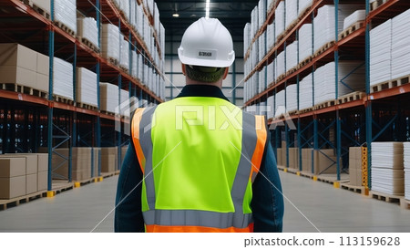 Rear view of the worker, wearing an green vest and a white hard hat, stand on warehouse 113159628