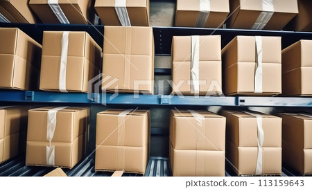 Stacked cardboard packages on metal shelving 113159643