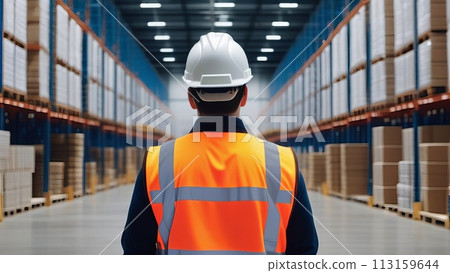 Rear view of the warehouse manager, wearing an orange vest and a white hard hat Rear view of the warehouse manager, wearing an orange vest and a white hard hat 113159644