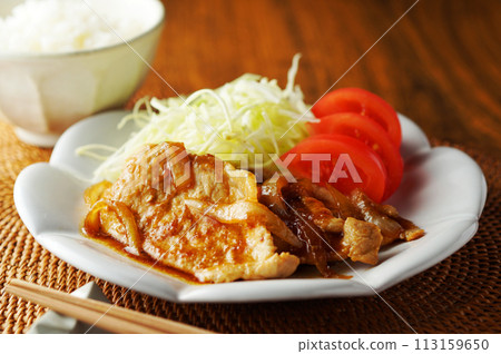 Grilled pork with ginger and rice Grilled pork with ginger and rice 113159650