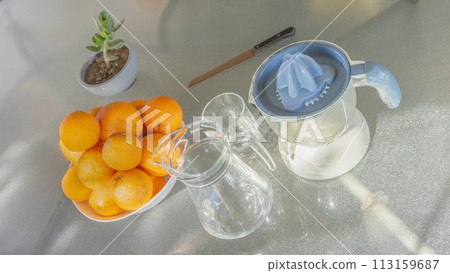 Homemade Refreshment Prep: Oranges with Juicer and Glasses on Kitchen Table Homemade Refreshment Prep: Oranges with Juicer and Glasses on Kitchen Table 113159687