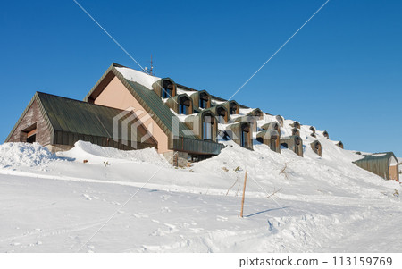Cottage Vyrovka, cottage covered by snow, height quota 1356  m,  krkonose mountains Czech Republic 113159769