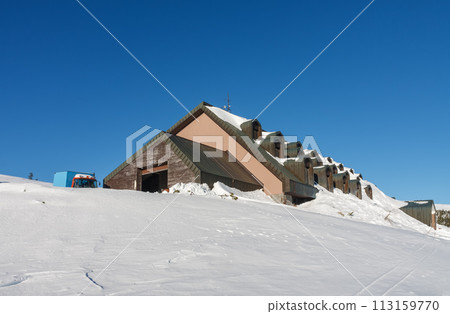 Cottage Vyrovka,  cottage covered by snow, height quota 1356  m,  krkonose mountains Czech Republic 113159770