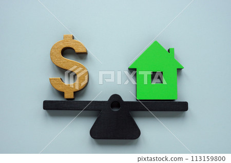 Scales with house and dollar sign. How much is my property worth concept. 113159800