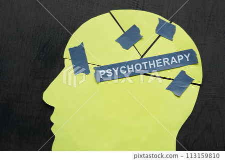 Psychotherapy concept. A paper head put together from parts. Psychotherapy concept. A paper head put together from parts. 113159810