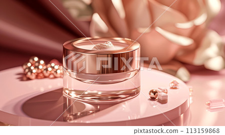 Cosmetic cream in a glass jar on pink background. Skin care concept. Backdrop for beauty products 113159868