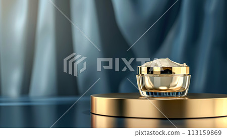 Cosmetic cream in a glass jar on blue backdrop. Skin care concept. Background for beauty products 113159869