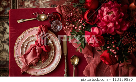 Festive table setting with cutlery, candles and beautiful red flowers in vase Festive table setting with cutlery, candles and beautiful red flowers in vase 113159880