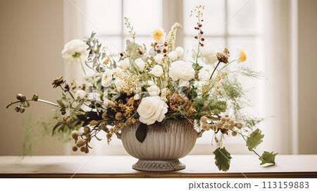 Beautiful bouquet of flowers in vase. Floral arrangement Beautiful bouquet of flowers in vase. Floral arrangement 113159883
