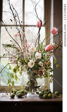 Beautiful bouquet of flowers in vase. Floral arrangement Beautiful bouquet of flowers in vase. Floral arrangement 113159885
