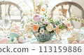 Easter table setting with painted eggs, spring flowers and crockery 113159886