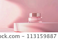 Cosmetic cream in a glass jar on pink background. Skin care concept. Backdrop for beauty products 113159887