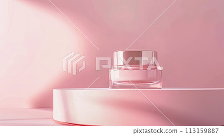 Cosmetic cream in a glass jar on pink background. Skin care concept. Backdrop for beauty products 113159887