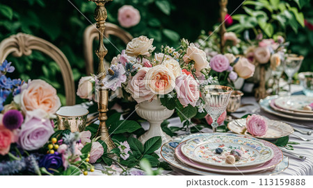 Table setting with rose flowers and candles for an event party or wedding reception in summer garden. 113159888