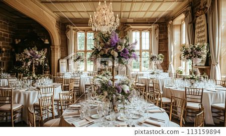 Wedding table decoration with lavender flowers, sweets and cake 113159894