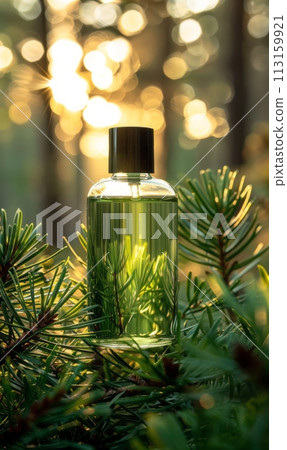 A transparent bottle of warm green cleansing oil in the middle with a blurred forest in the background, 113159921