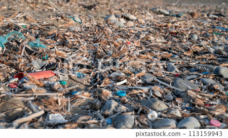A stony beach strewn with plastic rubbish.  113159943
