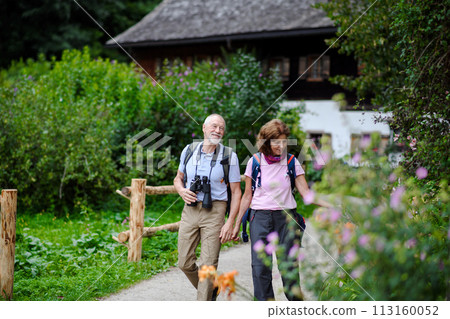 Active elderly couple on trip together, during spring day. Senior tourists visiting, exploring new places. Sightseeing, holding hands. 113160052