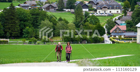 Portrait of active elderly couple hiking together in mountains. Senior tourists walking with trekking poles. Banner with copy space. Portrait of active elderly couple hiking together in mountains. Senior tourists walking with trekking poles. Banner with copy space. 113160129