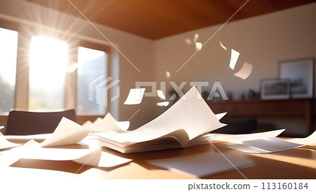 Amidst the chaos of paperwork, a stack of documents rests on the office table. White sheets 113160184