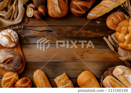Delicious-looking bread lined up on the table "AI-generated image" 113160199