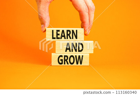 Learn and grow symbol. Concept word Learn And Grow on beautiful wooden block. Businessman hand. Beautiful orange table orange background. Business, education learn and grow concept. Copy space. 113160340